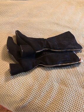 Wide Leg - Black Suede Knee-High Block Heel Boots with Side Zipper